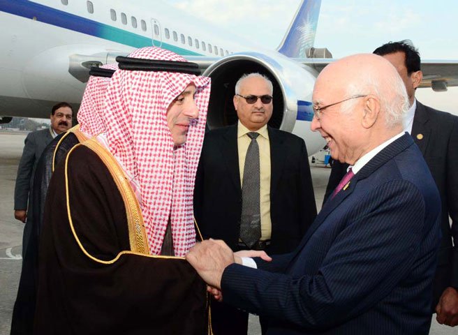 adviser to pm on foreign affairs sartaj aziz welcoming the saudi foreign minister adel bin ahmed al jubeir at nur khan air base islamabad photo pid