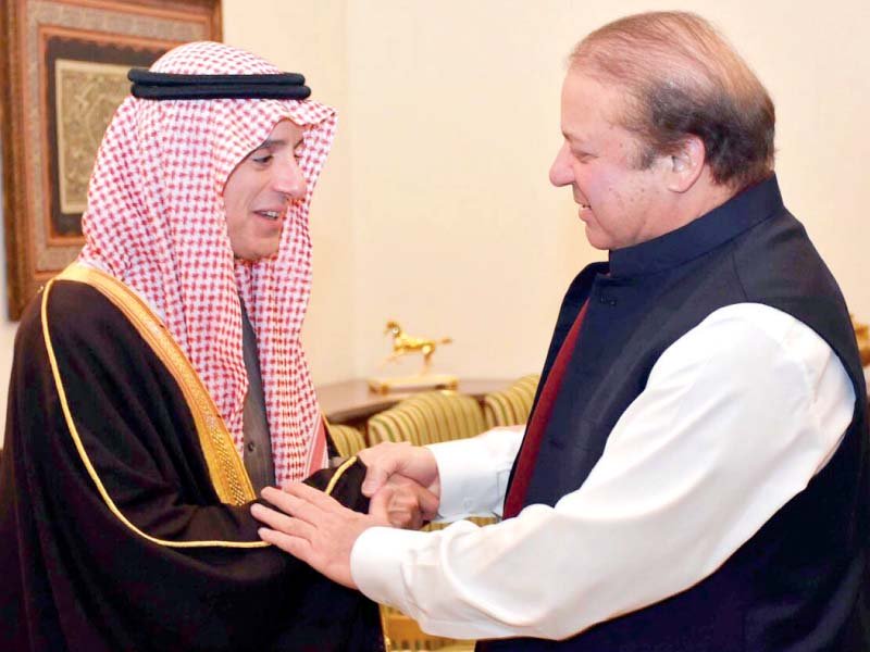 pm nawaz greets saudi foreign minister adel bin ahmed al jubeir photo inp