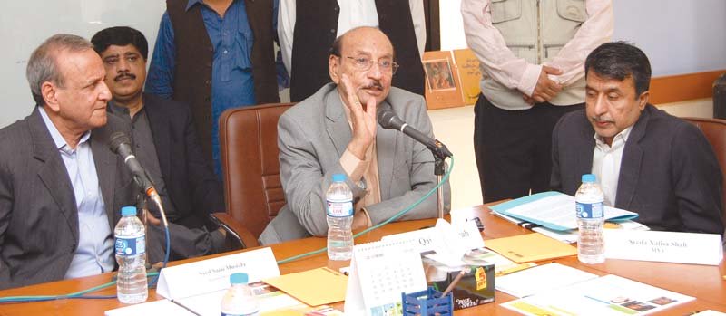 cm sindh qaim ali shah seen addressing senior officials teachers and members of civil society flanked by sami mustafa left and commissioner sukkur abbas baloch right photo express