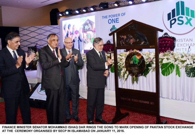 finance minister ishaq dar rings the gong to mark the opening of pakistan stock exchange in islamabad on january 11 2016 photo pid finance minister ishaq dar rings the gong to mark the opening of pakistan stock exchange in islamabad on january 11 2016 photo pid