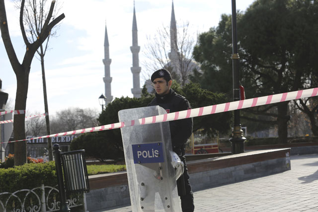 a police officer secures the area after an explosion near the ottoman era sultanahmet mosque known as the blue mosque in istanbul turkey january 12 2016 photo reuters