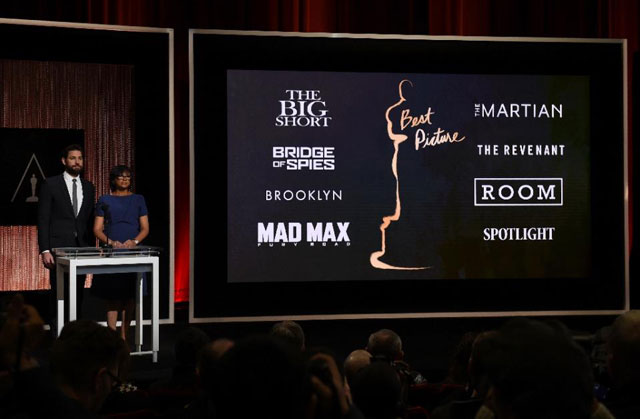 a screen showing the oscar nominees for best picture as announced by actor john krasinski and academy president cheryl boone isaacs in beverly hills california on january 14 2016 photo afp