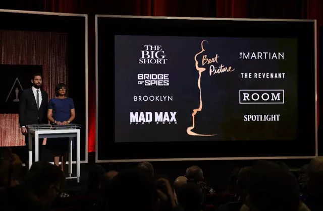a screen showing the oscar nominees for best picture as announced by actor john krasinski and academy president cheryl boone isaacs in beverly hills california on january 14 2016 photo afp a screen showing the oscar nominees for best picture as announced by actor john krasinski and academy president cheryl boone isaacs in beverly hills california on january 14 2016 photo afp