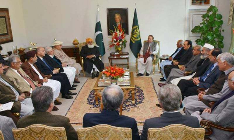 prime minister nawaz sharif in a meeting with representatives of all political parties and provinces at the prime minister 039 s house in islamabad on january 15 2016 photo pm house