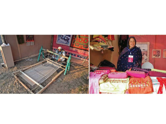an artisan weaves a rug while another displays her handicrafts at the fair in the city photos express an artisan weaves a rug while another displays her handicrafts at the fair in the city photos express