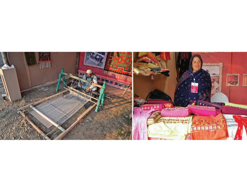an artisan weaves a rug while another displays her handicrafts at the fair in the city photos express