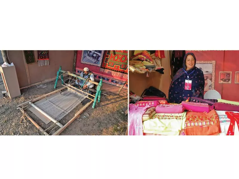 an artisan weaves a rug while another displays her handicrafts at the fair in the city photos express an artisan weaves a rug while another displays her handicrafts at the fair in the city photos express