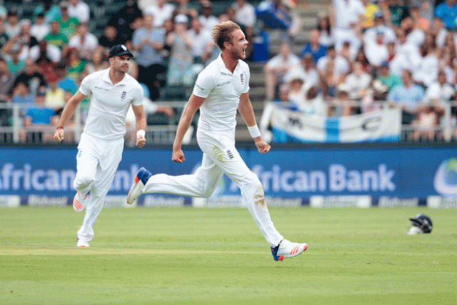 stuart broad celebrates the dismissal of stiaan van zyl at wanderers stadium on january 16 2016 in johannesburg photo afp stuart broad celebrates the dismissal of stiaan van zyl at wanderers stadium on january 16 2016 in johannesburg photo afp