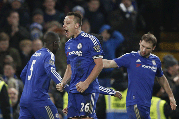 john terry c celebrates scoring a late equalising goal to make the score 3 3 at stamford bridge in london on january 16 2016 photo afp