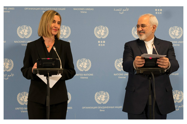 iranian foreign minister mohammad javad zarif l and eu foreign policy chief federica mogherini hold a joint press conference during the e3 eu 3 and iran talks at the international atomic energy agency headquarters in vienna on january 16 2016 photo afp