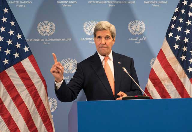 us secretary of state john kerry gestures during a press conference at the e3 eu 3 and iran talks at the international atomic energy agency headquarters in vienna on january 16 2016 photo afp