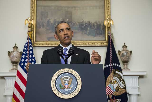 us president barack obama speaks about us   iranian relations including the iranian american nationals that were jailed in iran and are being freed as part of a prisoner swap in the cabinet room of the white house in washington dc january 17 2016 photo afp