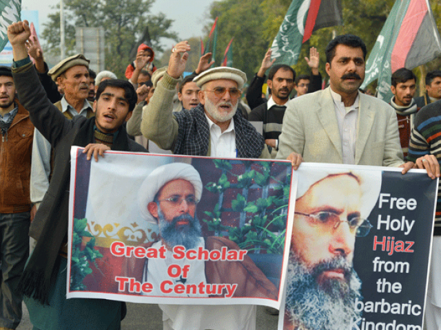 people march during a protest in islamabad on january 3 2016 against the execution of prominent shia cleric nimr al nimr by saudi authorities photo afp