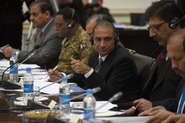 pakistani foreign secretary aizaz ahmad chaudhry 3r listens during the second round of four way peace talks at the presidential palace in kabul on january 18 2016 photo afp