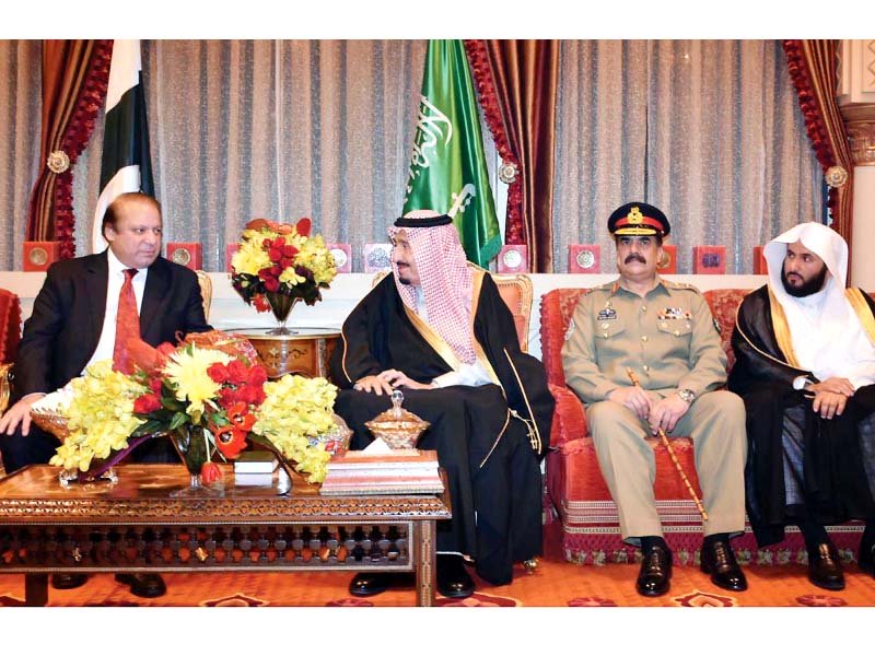 saudi king salman bin abdulaziz meets pm nawaz and gen raheel at the royal palace in riyadh photo inp