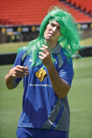 all rounder mitchell marsh has some fun during a training session ahead of australia s fourth match against india photo afp