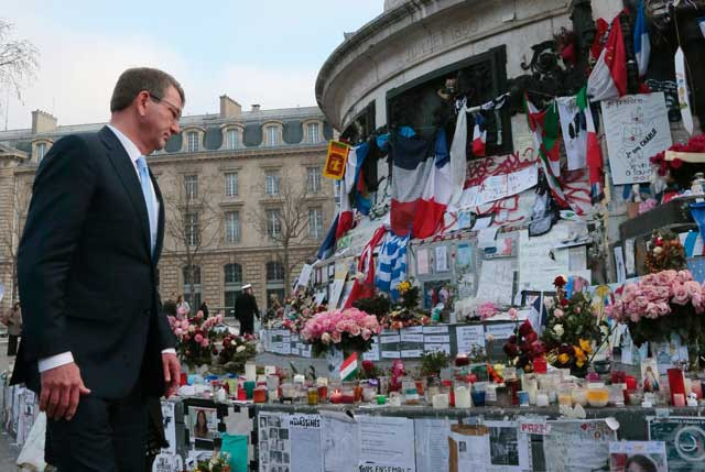 us secretary of defense ashton carter l pays tribute to the victims of paris terror attacks at the place de la republique republic square in paris on january 20 2016 photo afp us secretary of defense ashton carter l pays tribute to the victims of paris terror attacks at the place de la republique republic square in paris on january 20 2016 photo afp