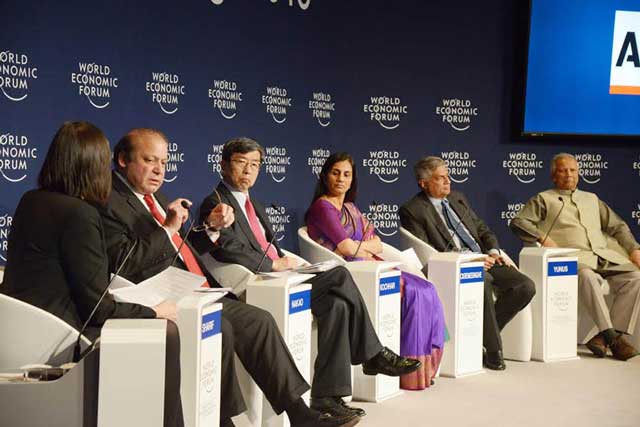 prime minister nawaz sharif is speaking on perspective of pakistan in the regional context at a panel discussion on regions in transformation south asia during annual meeting 2016 world economic forum at davos switzerland on january 21 2016 photo pid