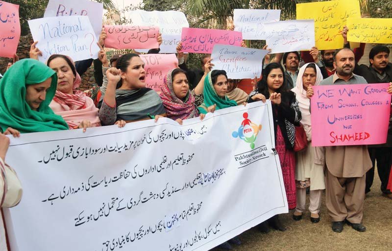 left civil society members protest against attack on bacha khan university charsadda outside peshawar press club right students go home from school on sher suri road peshawar photos muhammad iqbal express