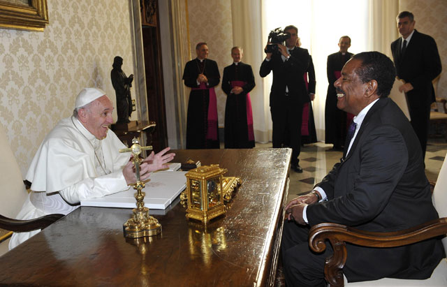 pope francis l meets the president of the commonwealth of dominica charles angelo savarin during a private audience at the vatican on january 22 2016 photo afp