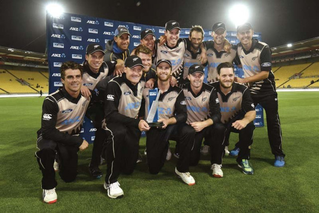 new zealand players pose with the anz t20 trophy after their collective effort allowed them to condemn pakistan to a humiliating defeat in the decider photo afp new zealand players pose with the anz t20 trophy after their collective effort allowed them to condemn pakistan to a humiliating defeat in the decider photo afp