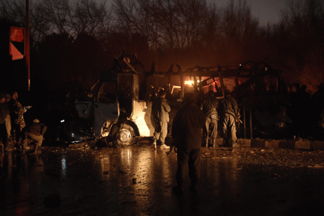 afghan security personnel inspect the damaged vehicle carrying employees of popular afghan tv channel tolo in kabul on january 20 2016 photo afp afghan security personnel inspect the damaged vehicle carrying employees of popular afghan tv channel tolo in kabul on january 20 2016 photo afp