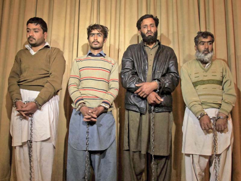 four of the five suspected facilitators of the charsadda attack presented before the media photo reuters