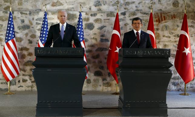 turkish prime minister ahmet davutoglu r speaks during a joint news conference with u s vice president joe biden in istanbul turkey january 23 2016 photo reuters