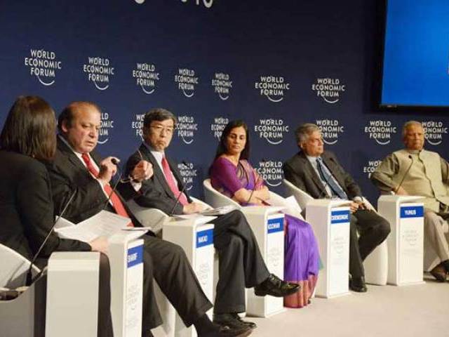 prime minister nawaz sharif is speaking on perspective of pakistan in the regional context at a panel discussion on regions in transformation south asia during annual meeting 2016 world economic forum at davos switzerland on january 21 2016 photo pid