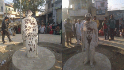 gandhi statue defaced with isis zindabad chalking in india gandhi statue defaced with isis zindabad chalking in india