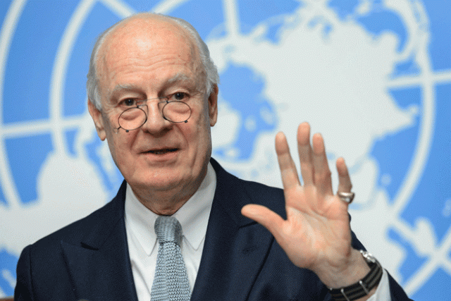 un syria envoy staffan de mistura gestures at the united nations offices on january 25 2016 in geneva during a press conference on efforts to restart peace talks photo afp un syria envoy staffan de mistura gestures at the united nations offices on january 25 2016 in geneva during a press conference on efforts to restart peace talks photo afp