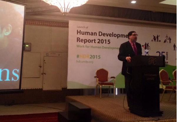 adil najam speaking at the launch of the human development report in lahore photo fb com undppakistan