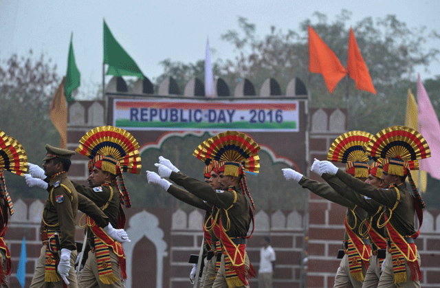 indian railway protection force rpf personnel march during a parade to mark during republic day celebrations in secunderabad on january 26 2016 celebrations are underway across india as the country marks its 67th republic day photo afp