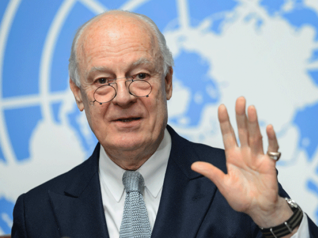 un syria envoy staffan de mistura gestures at the united nations offices on january 25 2016 in geneva during a press conference on efforts to restart peace talks photo afp