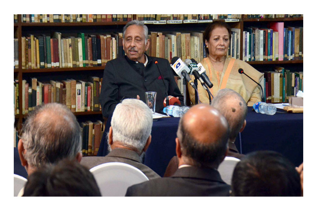 lawmaker from indian national congress and former consul general in pakistan mani shankar aiyar talking to media personnel at pakistan institute of international affairs photo inp