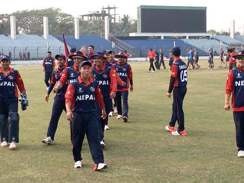 the nepal camp was all smiles after the win as seamer dipender airee s three wickets and off spinner prem tamang s two restricted new zealand to 206 32 runs short of the target photo courtesy icc