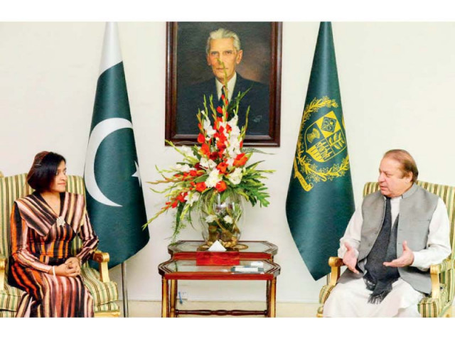 prime minister nawaz sharif and maldives foreign minister dunya maumoon during a meeting at the pm house photo app prime minister nawaz sharif and maldives foreign minister dunya maumoon during a meeting at the pm house photo app