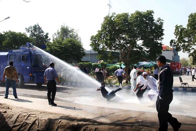 police deploy water cannon to disperse workers of the pakistan international airlines during a protest rally against the planned privatisation of the national carrier at karachi 039 s jinnah international airport on february 02 2015 photo online