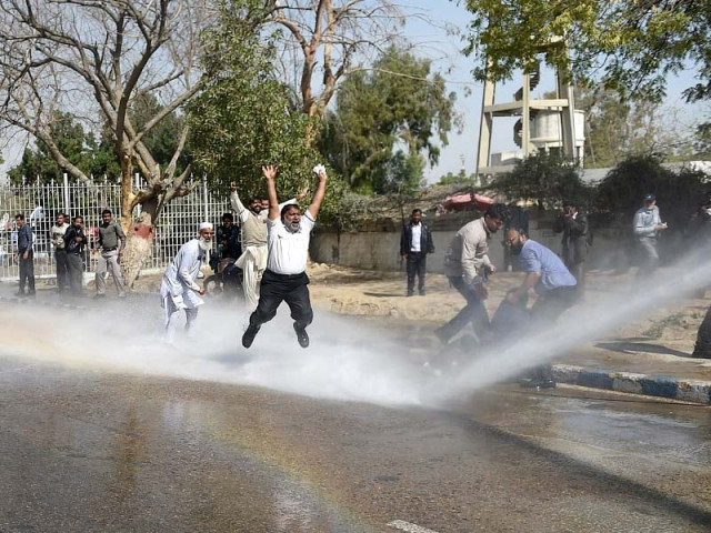 pia employees shout slogans as police use a water cannon on them during a protest near the karachi airport photo afp pia employees shout slogans as police use a water cannon on them during a protest near the karachi airport photo afp
