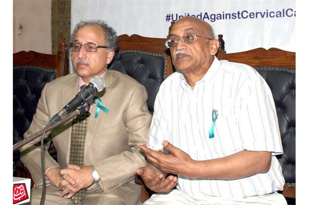 dr sher shah syed senior gynaecologist and obstetrician addressing a press briefing organised by united against cervical cancer at karachi press club photo nni