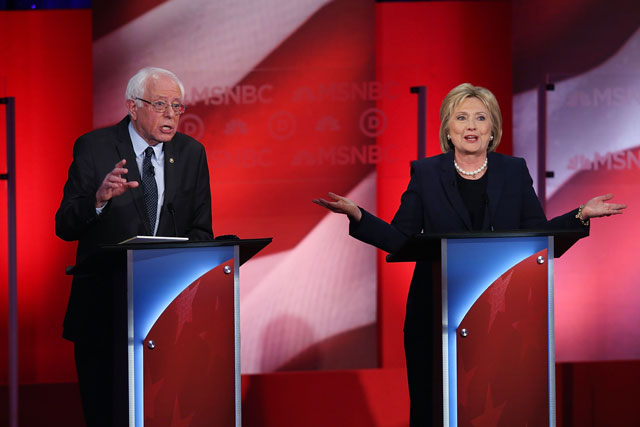 democratic presidential candidates former secretary of state hillary clinton and us sen bernie sanders i vt during their msnbc democratic candidates debate at the university of new hampshire on february 4 2016 in durham new hampshire photo afp