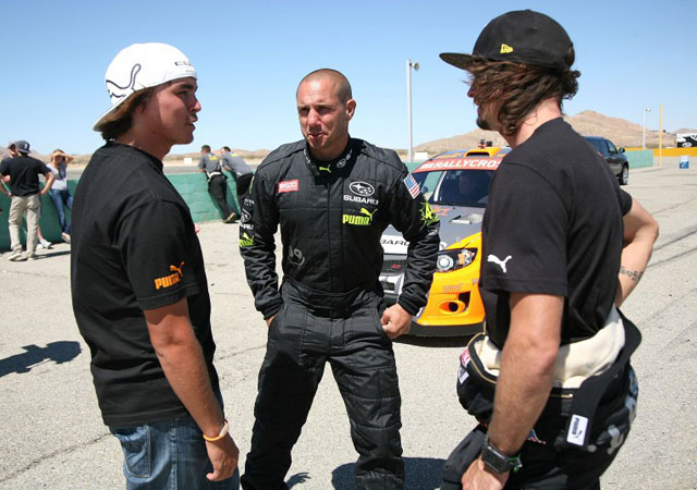 l r rickie fowler dave mirra and bucky lasek attend subaru puma global rallycross team testing day with rickie fowler and bucky lasek at willow spring raceway on june 27 2012 in rosamond california photo afp