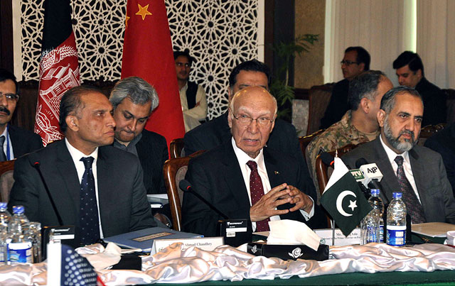 advisor to pm on foreign affairs sartaj aziz addressing the opening session of third meeting of quadrilateral coordination group on afghan reconciliation process in islamabad on february 6 2016 photo app