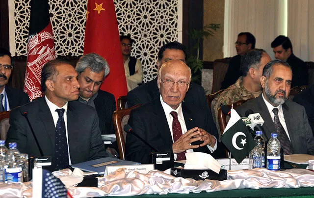 advisor to pm on foreign affairs sartaj aziz addressing the opening session of third meeting of quadrilateral coordination group on afghan reconciliation process in islamabad on february 6 2016 photo app advisor to pm on foreign affairs sartaj aziz addressing the opening session of third meeting of quadrilateral coordination group on afghan reconciliation process in islamabad on february 6 2016 photo app