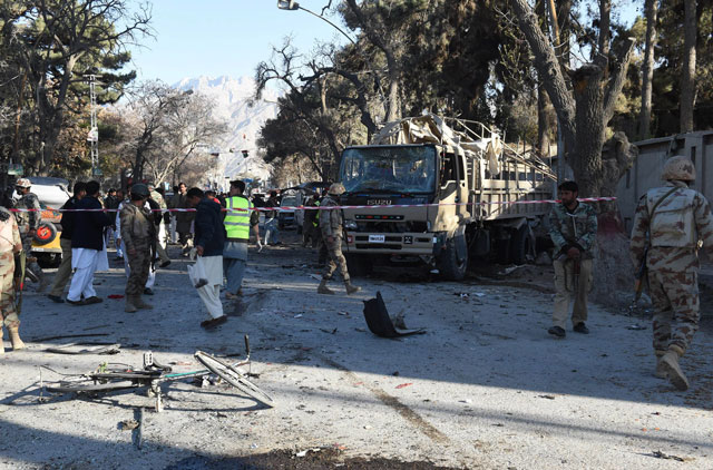 soldiers examine the site of a bomb explosion that targeted a security convoy in quetta on february 6 2016 photo afp