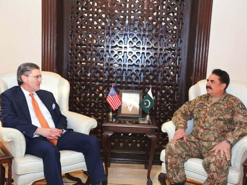 us special representative richard olson and general raheel sharif talk during a meeting at ghq in rawalpindi on saturday photo ispr