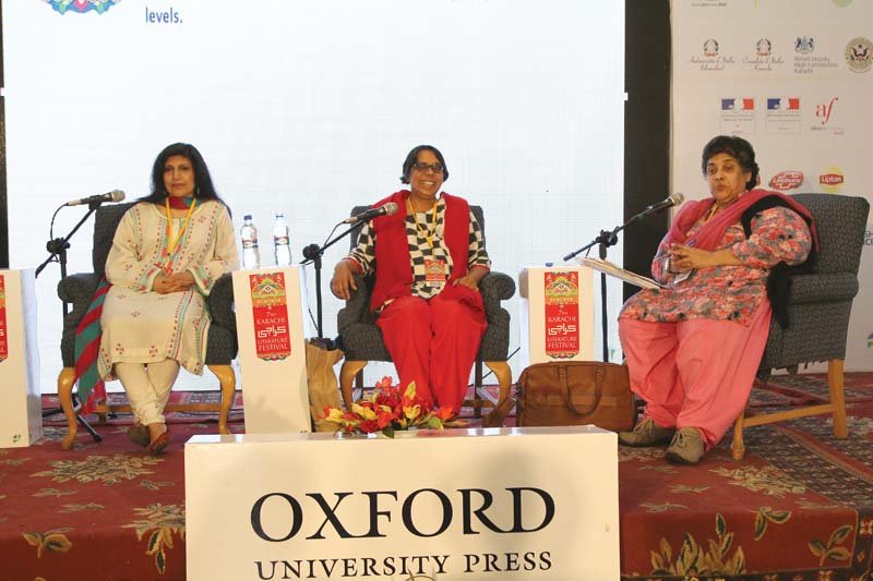 activists fouzia saeed and ruchira gupta in conversation with shaheen attiqur rehman during the session titled facing wrongs and seeking rights the female perspective photo aysha saleem express