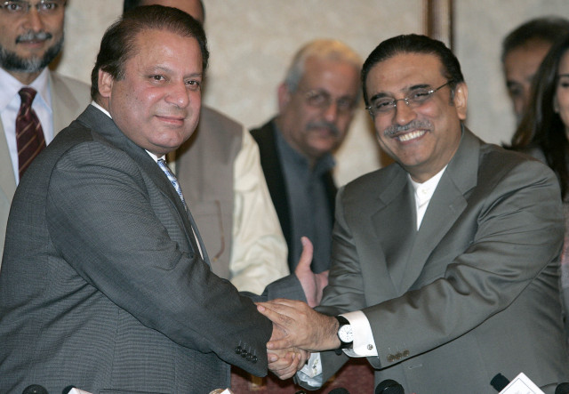 asif ali zardari right widower of benazir bhutto and co chairman of pakistan peoples party shakes hands with nawaz sharif during a press conference in bhurban near islamabad march 9 2008 photo by ap