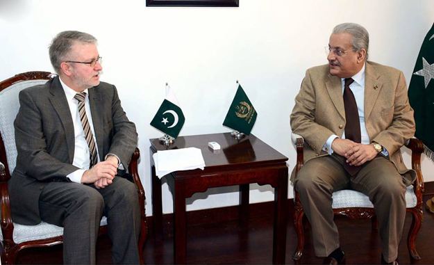 chairman senate mian raza rabani exchanging views with micheal gahler former chief of european union election observation mission at parliament house photo inp