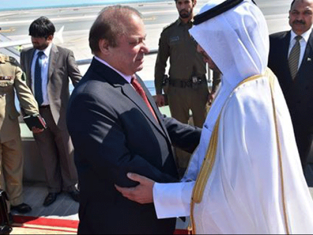 pm nawaz sharif being received by prime minister of qatar sheikh abdullah bin nasir bin khalifa al thani at hamad international airport doha on february 10 2016 photo pid